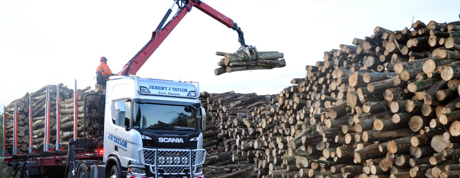 Photo of wood being delivered to George Potbury Forestry Ltd in Horsham.