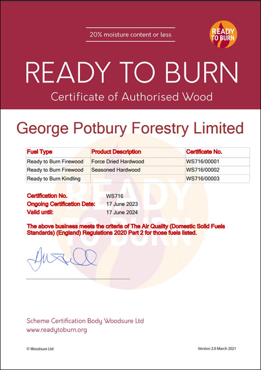 Ready-to-Burn Certificate for George Potbury Forestry Ltd